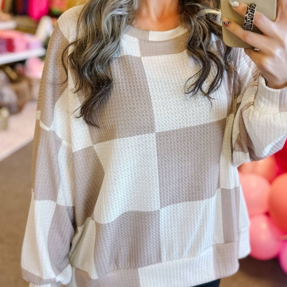Neutral Checkered Waffle Knit Pullover - Cream & … - image 3